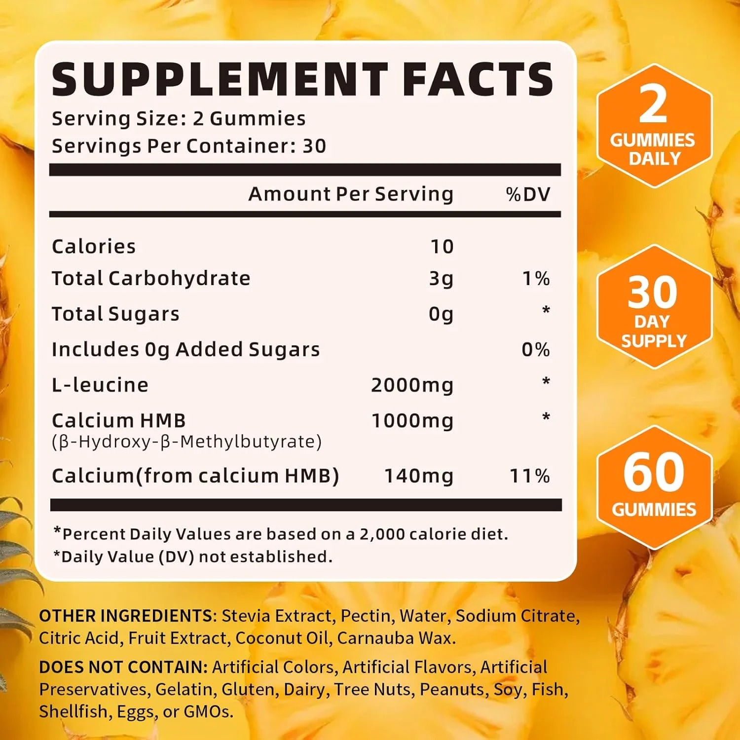 پاستیل های اچ ام بی و ال-لوسین 3000 میلی گرم، مکمل های اسید آمینه اچ ام بی و لوسین برای آقایان و بانوان، بدون شکر، طعم آناناس، 60 عدد