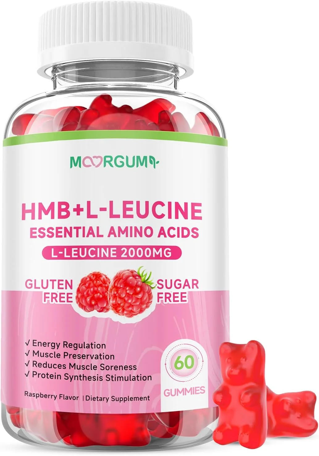 پاستیل های HMB و ال-لوسین با کلسیم، مکمل اسید آمینه، 2000 میلی گرم مکمل ال-لوسین برای آقایان و بانوان، تمشک، 60 عدد