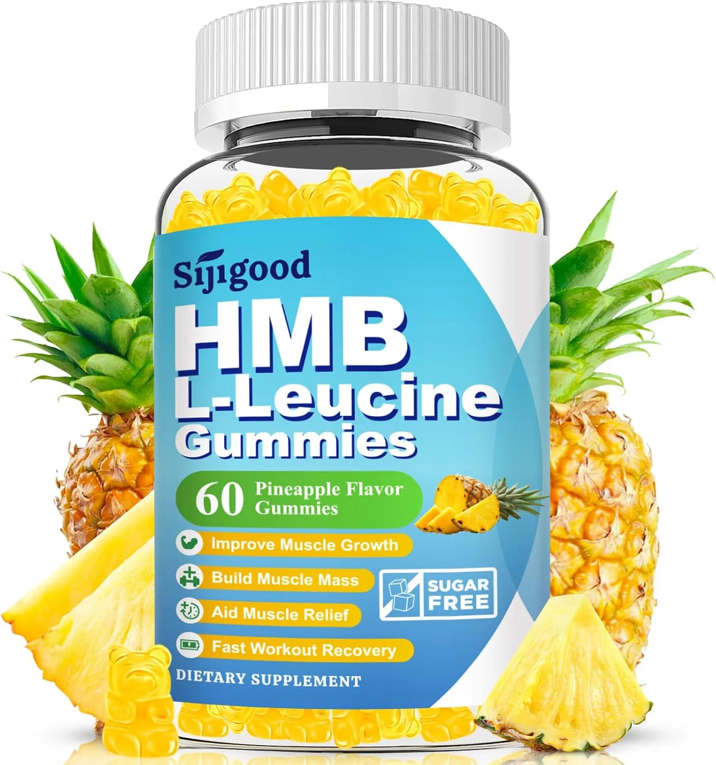 پاستیل های HMB و ال-لوسین، مکمل های لوسین با ویتامین D3، مکمل های HMB برای آقایان و بانوان، بدون شکر، وگان، طعم آناناس، 60 عدد