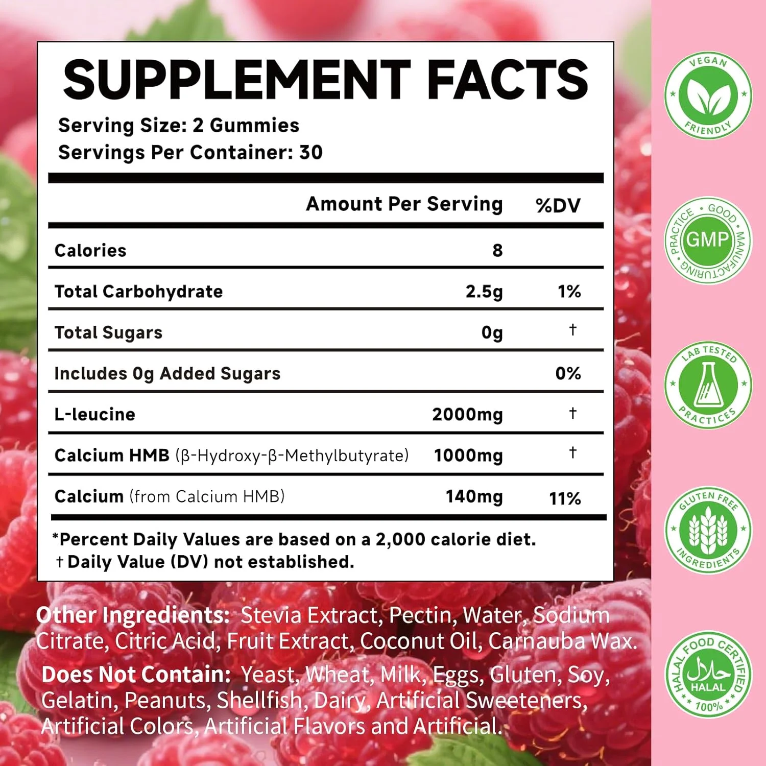 پاستیل های HMB و ال-لوسین با کلسیم، مکمل اسید آمینه، 2000 میلی گرم مکمل ال-لوسین برای آقایان و بانوان، تمشک، 60 عدد