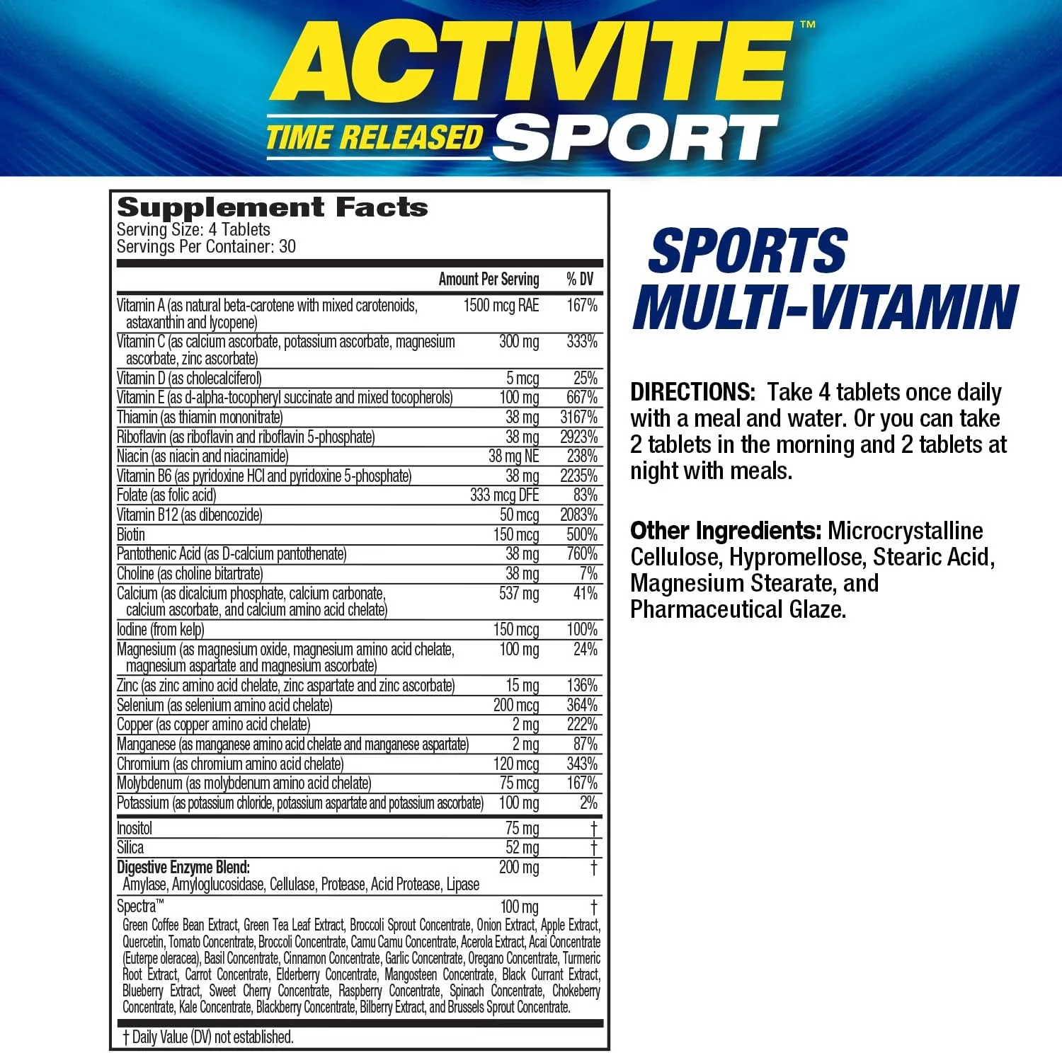MHP Activite Sport مولتی ویتامین، 25 ویتامین و ماده معدنی، تقویت کننده نیتریک اکسید، آنزیم های گوارشی، آنتی اکسیدان، 120 قرص