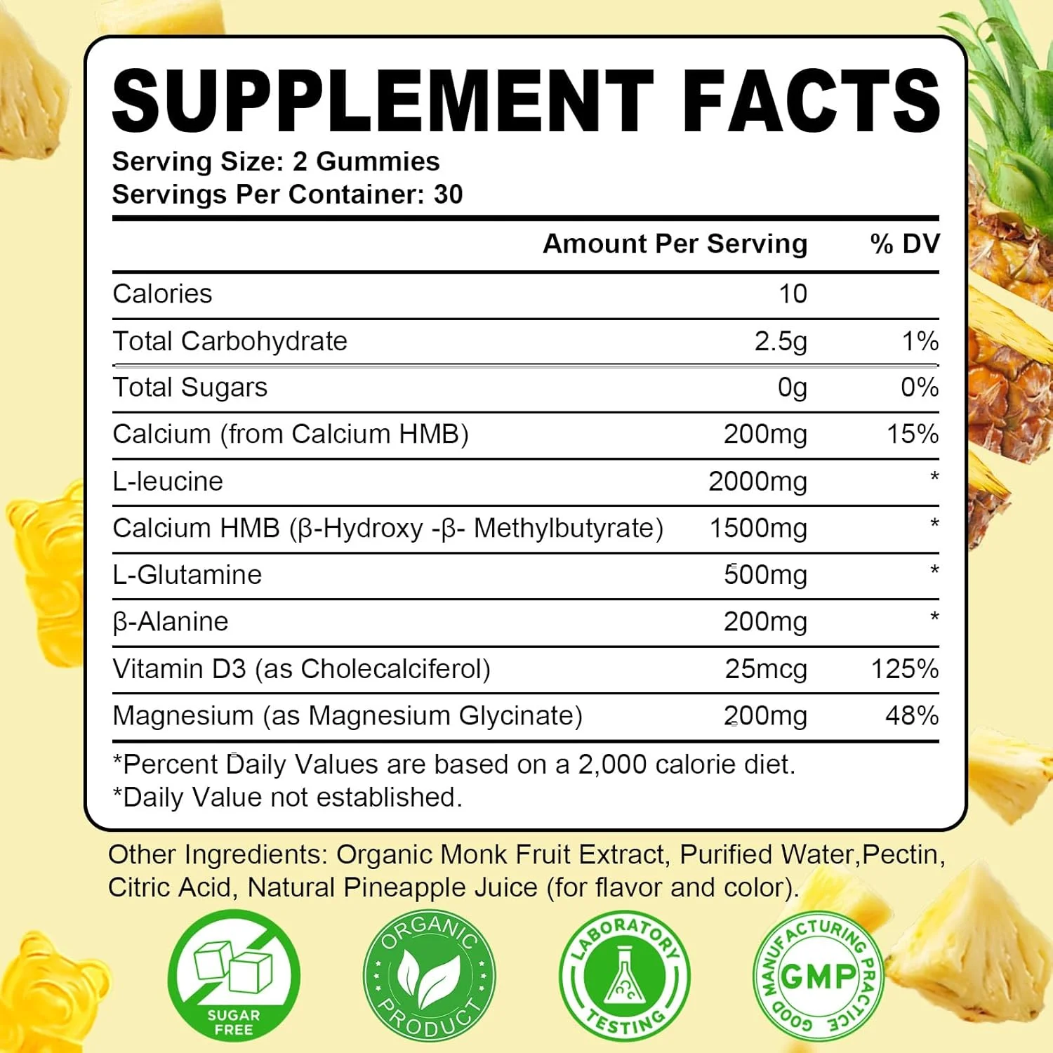 پاستیل های HMB و ال-لوسین، مکمل های لوسین با ویتامین D3، مکمل های HMB برای آقایان و بانوان، بدون شکر، وگان، طعم آناناس، 60 عدد