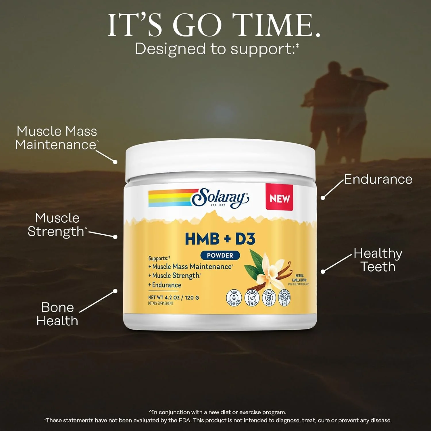 مکمل اچ ام بی پلاس D3 سولارای - مکمل اچ ام بی برای مردان و زنان به همراه ویتامین D3 - مکمل کلسیم هیدروکسی متیل بوتیرات برای قدرت عضلانی - پودر وانیلی طبیعی - 30 سروینگ، 4.2 اونس