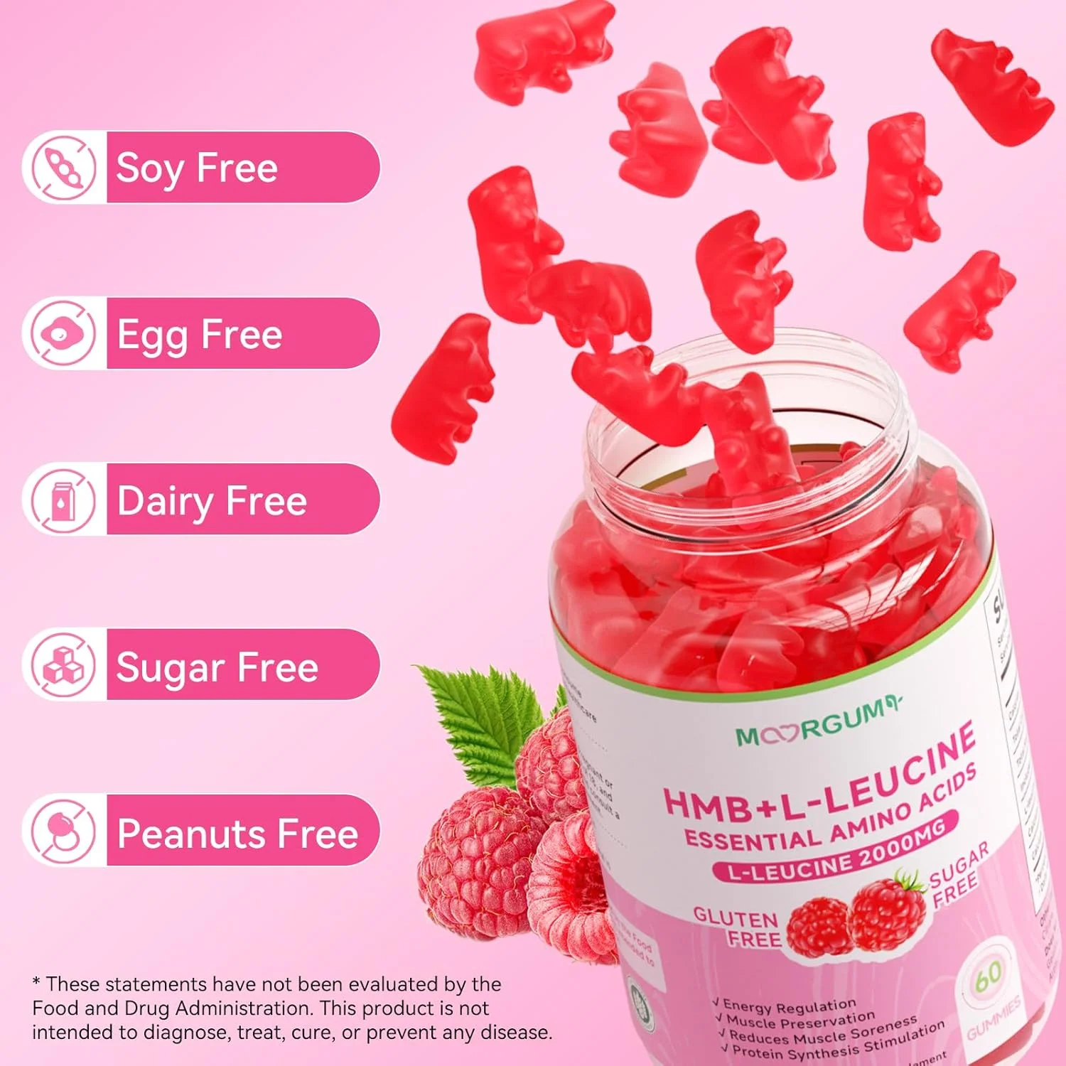 پاستیل های HMB و ال-لوسین با کلسیم، مکمل اسید آمینه، 2000 میلی گرم مکمل ال-لوسین برای آقایان و بانوان، تمشک، 60 عدد