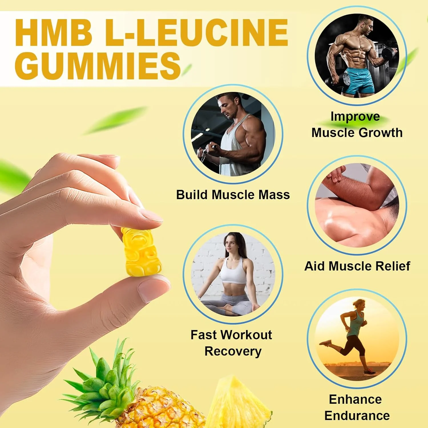 پاستیل های HMB و ال-لوسین، مکمل های لوسین با ویتامین D3، مکمل های HMB برای آقایان و بانوان، بدون شکر، وگان، طعم آناناس، 60 عدد