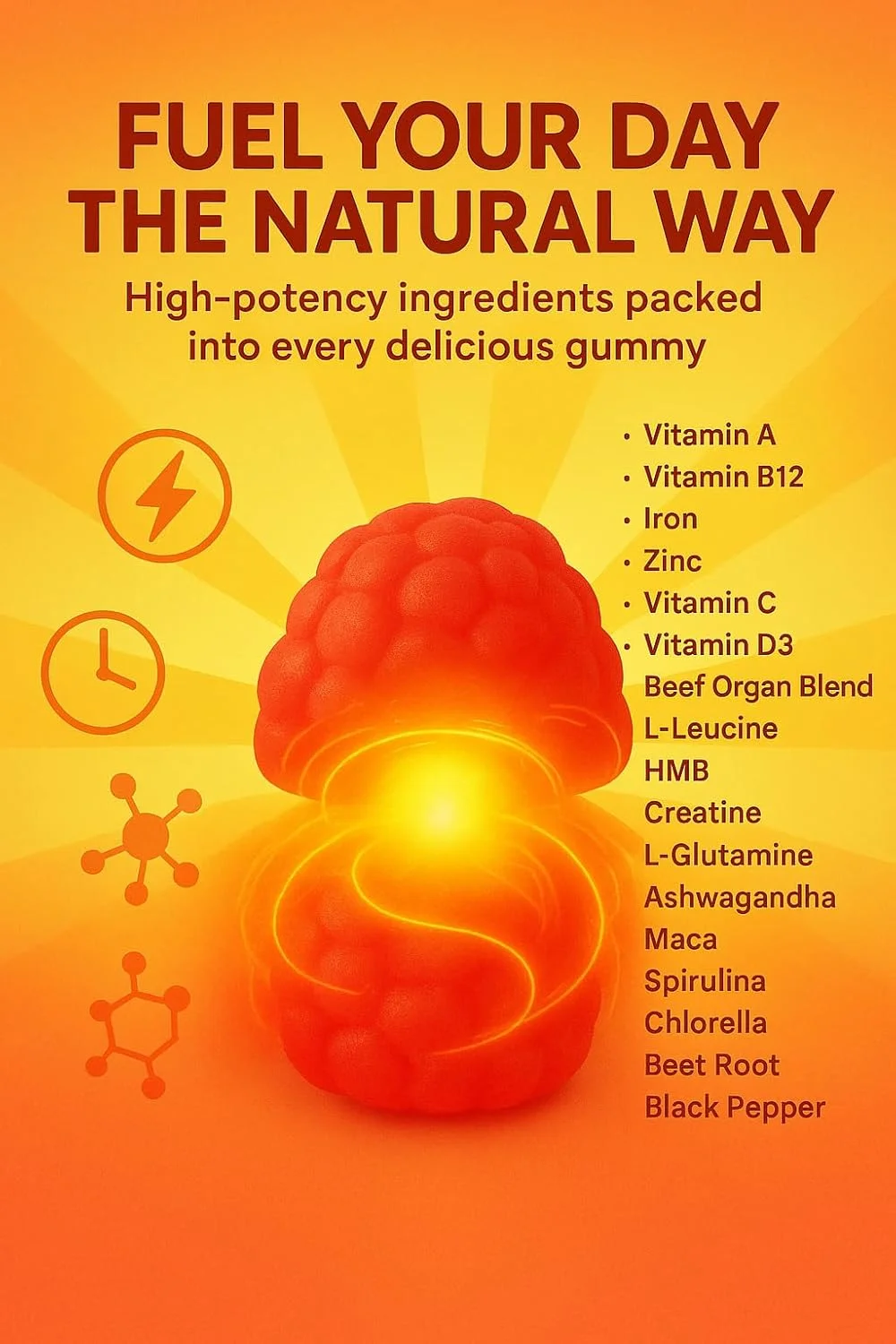 پاستیل مکمل ارگان های گوشت گاو تغذیه شده با علف بدون شکر، حاوی HMB، ال-لوسین، ویتامین A، B12، C، D3، پشتیبانی از رشد عضلات، عملکرد شناختی، انرژی، سم زدایی، خشک شده، پرورش یافته در مراتع، بدون غلات
