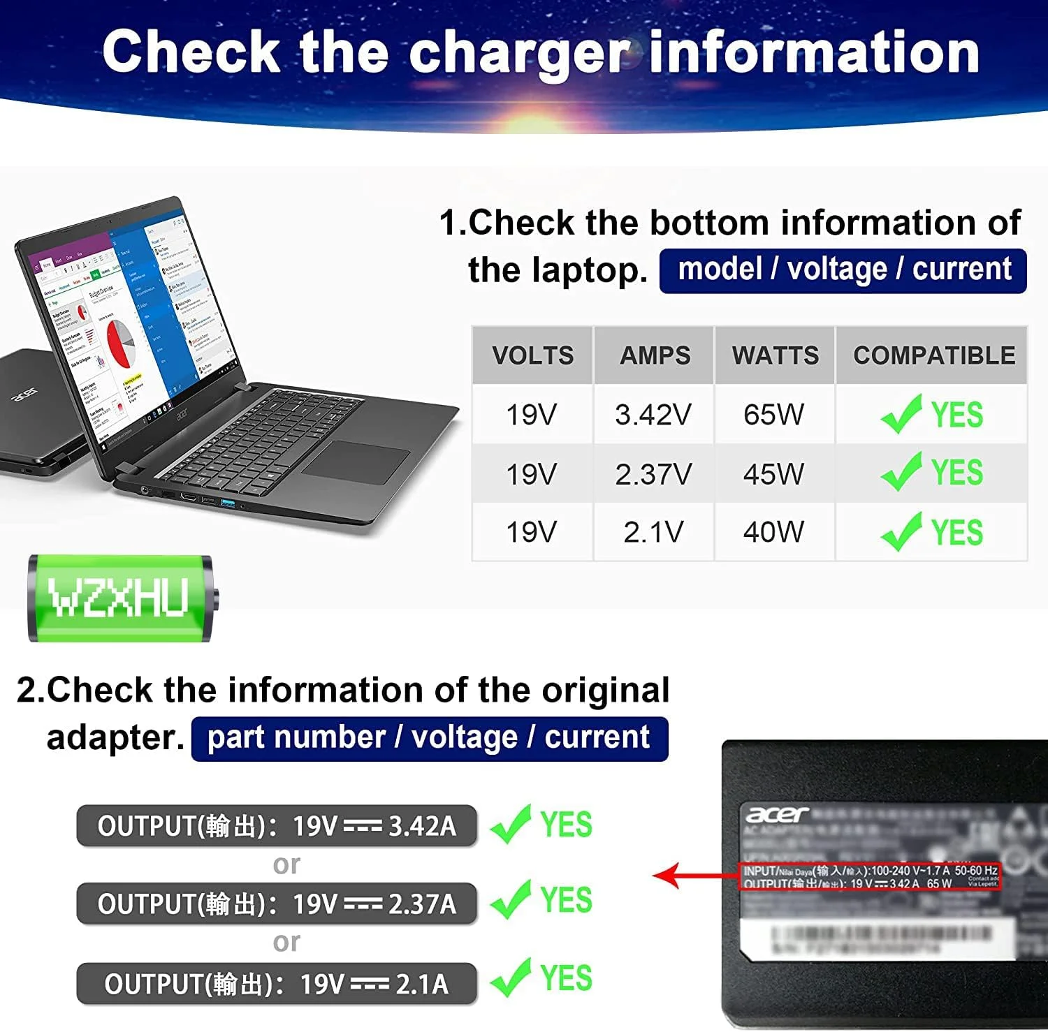 شارژر لپ تاپ 65 واتی سازگار با سری های Acer Aspire E15 E5-575 V5 V7 V3 R3 R7 S3 E1 M5 F5 F15 5517 5250 5253 5336 5349 5532 5534 5552 5560 5733 5742 کابل برق آداپتور AC