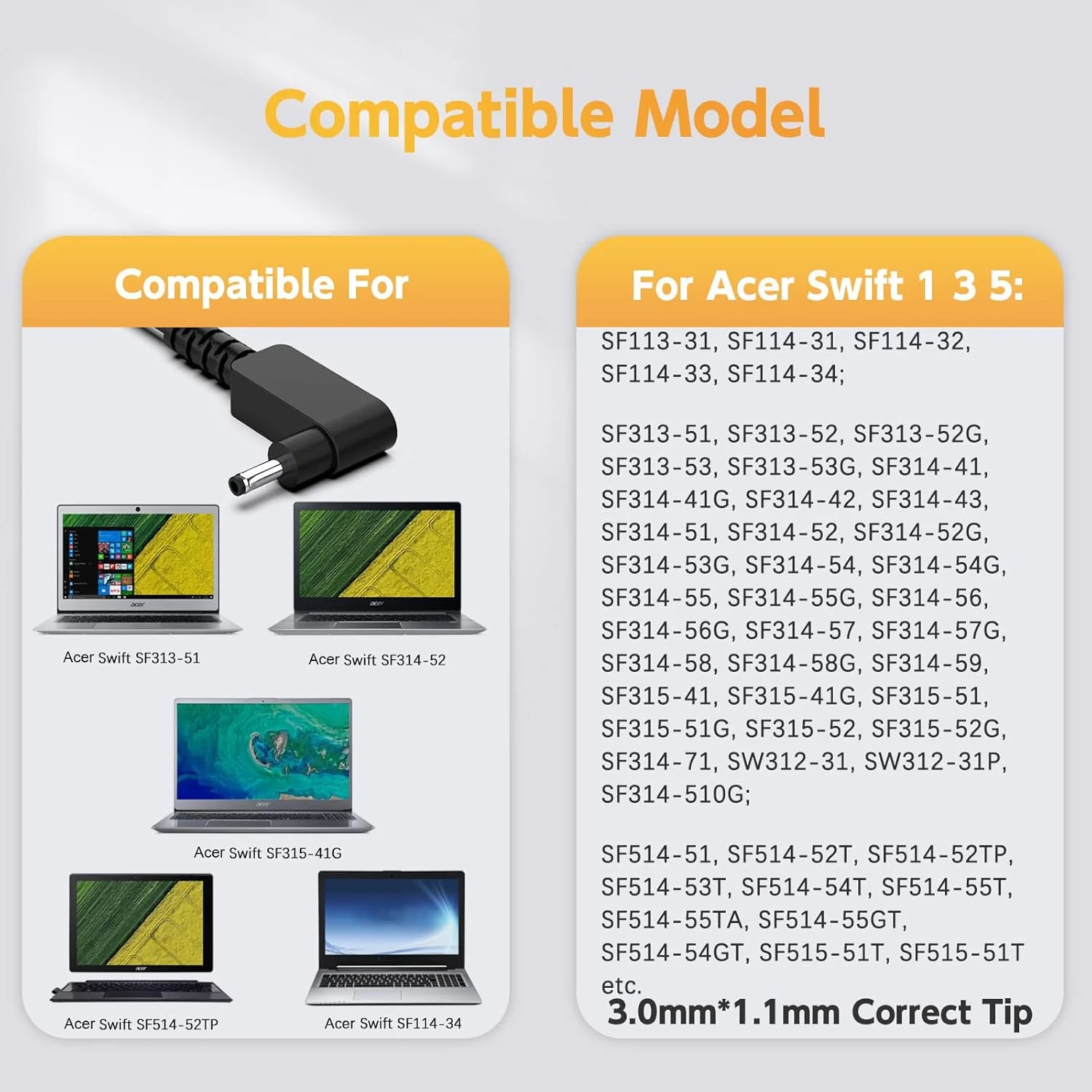 شارژر لپ تاپ 65 واتی سازگار با Acer Swift 1 3 5; SF313-51, SF313-52, SF314-42, SF314-52, SF314-56, SF315-41, SF315-51, SF315-52; Swift 1 5 SF113-31, SF114-31, SF114-32, SF514-51 سیم برق منبع تغذیه شارژر لپ تاپ 65 واتی سازگار با Acer Swift 1 3 5; SF313-51, SF313-52, SF314-42, SF314-52, SF314-56, SF315-41, SF315-51, SF315-52; Swift 1 5 SF113-31, SF114-31, SF114-32, SF514-51 سیم برق منبع تغذیه