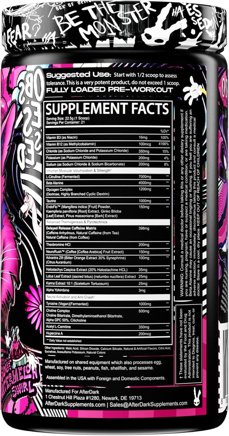 پودر مکمل ورزشی پیش از تمرین AFTERDARK INHUMAN Void، تقویت ارتباط ذهن و عضله، انرژی پایدار، ترکیب قوی نوتروپیک، وگان، بدون گلوتن، بدون سویا، 400 میلی گرم کافئین، بدون افت ناگهانی انرژی، طعم هندوانه ترش