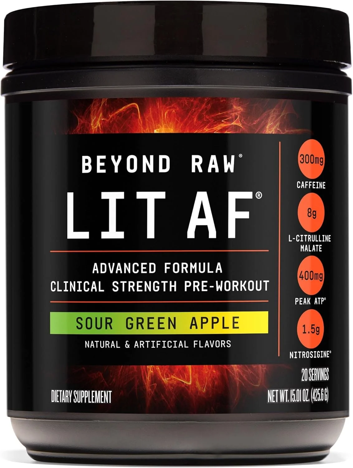 فرمول پیش از تمرین پیشرفته Beyond Raw LIT، سیب سبز ترش، برای انرژی، تمرکز، استقامت، کافئین با رهش هدفمند، کراتین، بتائین، بتا آلانین، تورین، 20 سروینگ