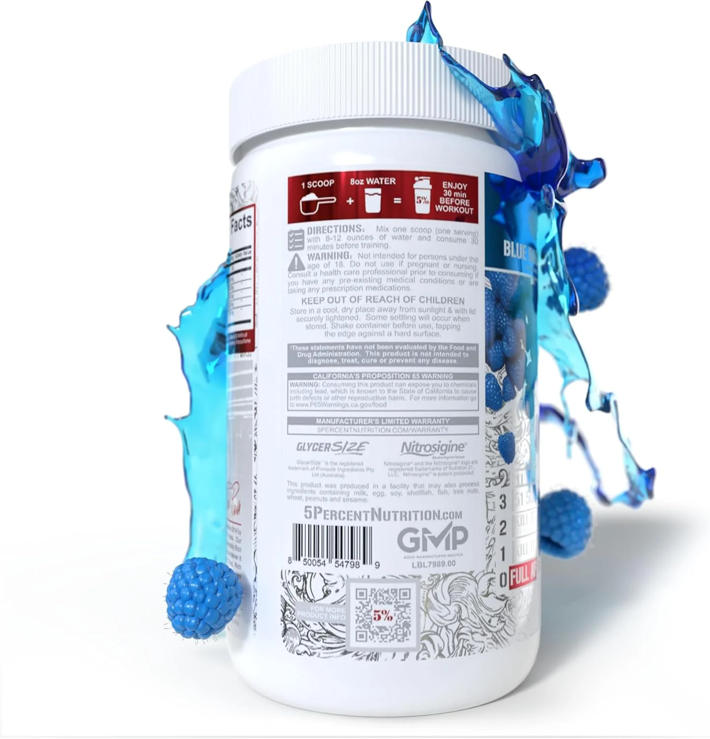 مکمل قبل از تمرین بدون محرک 5% Nutrition FullAF | پمپ های حجیم | ال-سیترولین، ال-تورین، نیتروسیژین، گلیسیرسایز | 370 گرم (تمشک آبی)