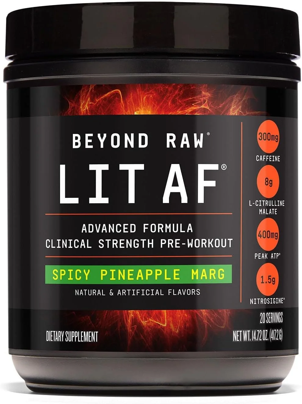 فرمول پیش از تمرین پیشرفته Beyond Raw LIT، طعم آناناس تند، برای انرژی، تمرکز، استقامت، پمپ عضلانی، با 300 میلی گرم کافئین سریع و هدفمند، کراتین، بتائین، بتا آلانین، تورین، 20 سروینگ