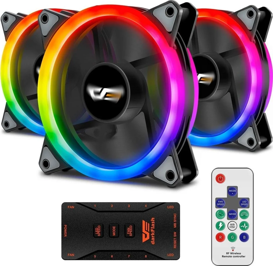 فن خنک کننده کامپیوتر DarkFlash Authentic DR12-Pro 3-in-1، فن های RGB خنک کننده کیس کامپیوتر، تنظیم RGB، 3P-5V AURA SYNC LED فن 120 میلی متری | DF-DR12-PRO