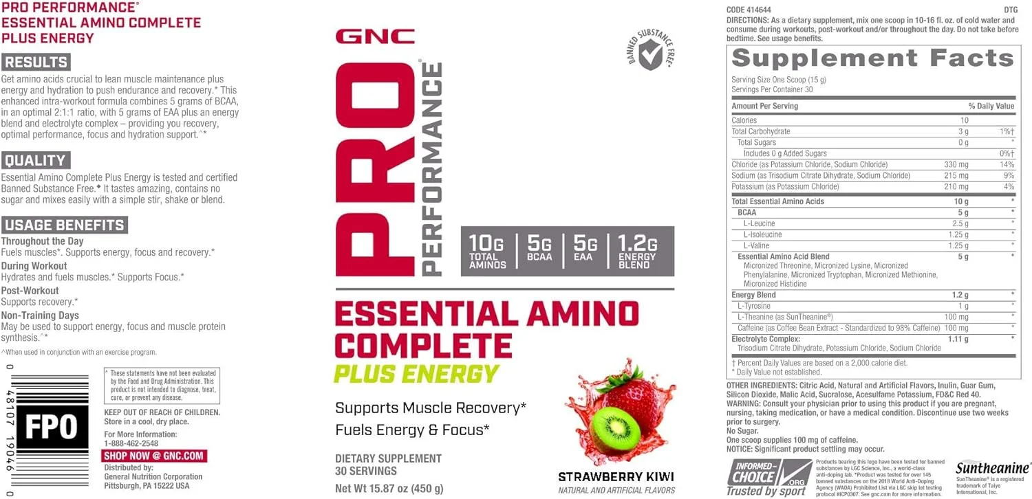 GNC Pro Performance Essential Amino Complete Plus Energy، پشتیبانی از ریکاوری عضلات، توت فرنگی کیوی، 450 گرم GNC Pro Performance Essential Amino Complete Plus Energy، پشتیبانی از ریکاوری عضلات، توت فرنگی کیوی، 450 گرم