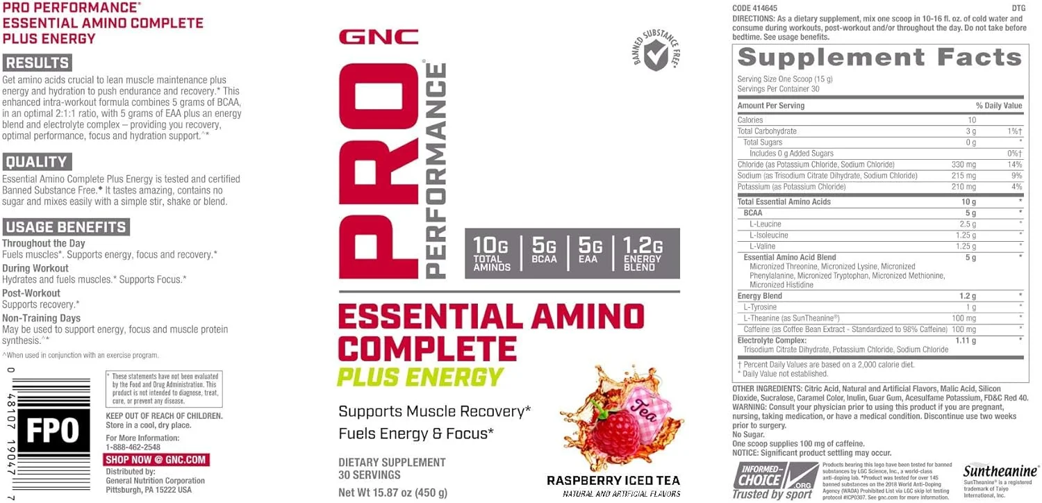 GNC Pro Performance Essential Amino Complete Plus Energy - چای سرد تمشک | 5 گرم BCAA، 5 گرم EAA به همراه ترکیب انرژی و کمپلکس الکترولیت | 30 سروینگ GNC Pro Performance Essential Amino Complete Plus Energy - چای سرد تمشک | 5 گرم BCAA، 5 گرم EAA به همراه ترکیب انرژی و کمپلکس الکترولیت | 30 سروینگ