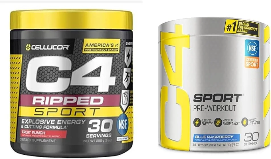 پودر انرژی زا قبل از تمرین C4 Ripped Sport با طعم پانچ میوه - دارای گواهی NSF برای ورزش + بدون شکر و پودر انرژی زا قبل از تمرین C4 Sport با طعم تمشک آبی - انرژی قبل از تمرین