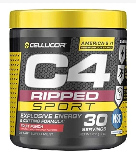 پودر انرژی زا قبل از تمرین C4 Ripped Sport با طعم پانچ میوه - دارای گواهی NSF برای ورزش + بدون شکر و پودر انرژی زا قبل از تمرین C4 Sport با طعم تمشک آبی - انرژی قبل از تمرین