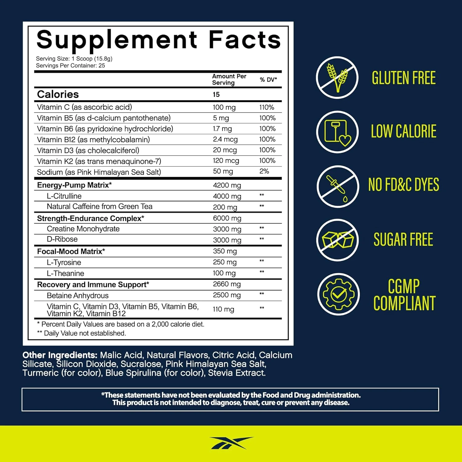 پودر قبل از تمرین ریباک | 200 میلی گرم کافئین طبیعی، 3 گرم کراتین مونوهیدرات | انرژی پاک قبل از تمرین برای قدرت، تمرکز و پمپ | دارای گواهی Informed-Sport | ReeEnergize | سیب سبز ترش