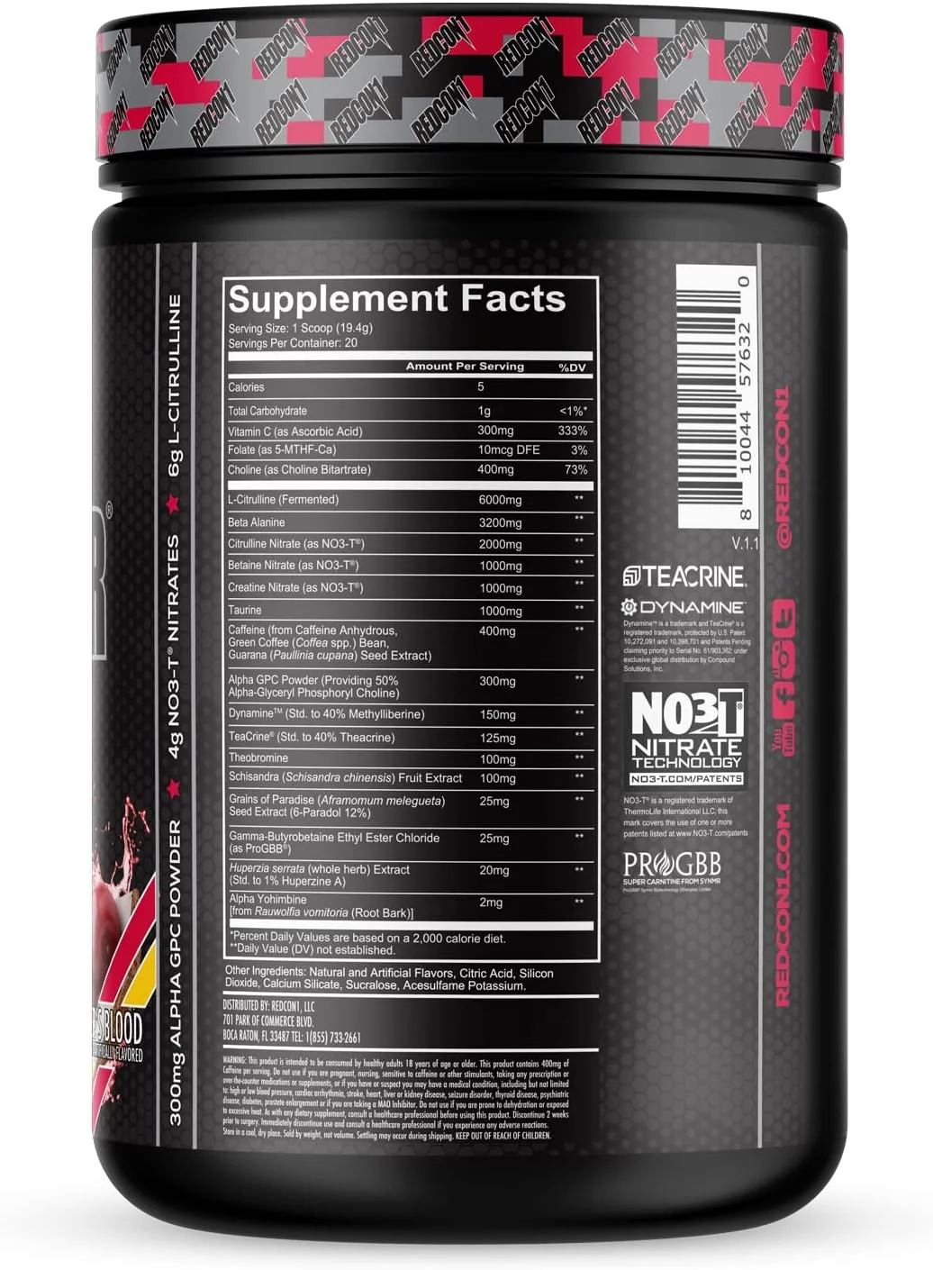 پودر مکمل قبل از تمرین REDCON1 Total War Black Ops Extreme، طعم خون ببر، محرک قوی، 400 میلی گرم کافئین، نیترات NO3-T + ال-سیترولین، افزایش جریان خون، پمپ عضلانی (20 سروینگ)