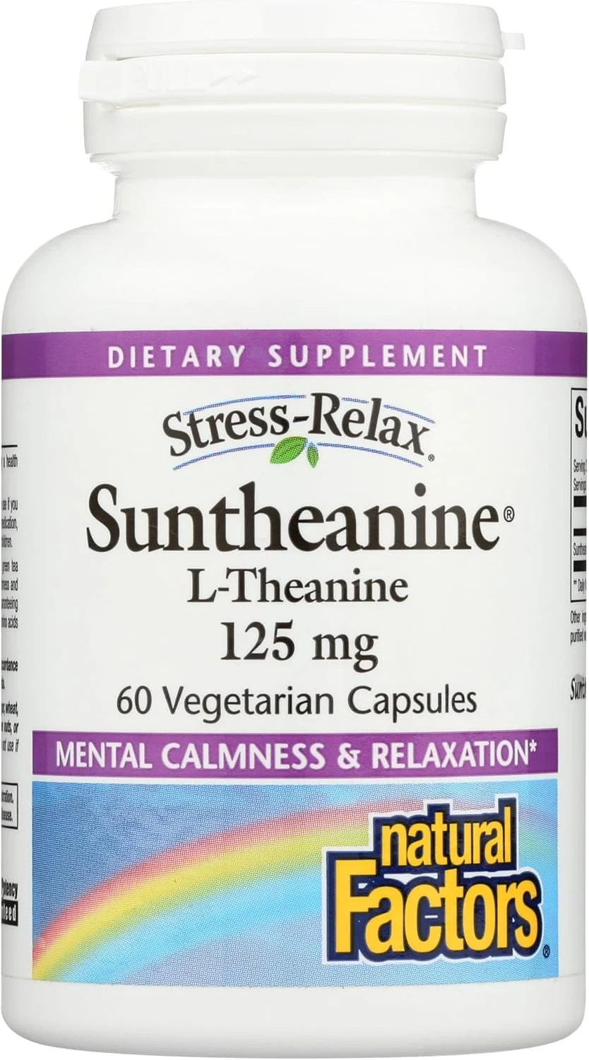 نچرال فاکتورز Stress-Relax Suntheanine L-Theanine 125 میلی گرم، پشتیبانی غیر خواب آور از استرس برای آرامش ذهنی و ریلکسیشن، 60 کپسول نچرال فاکتورز Stress-Relax Suntheanine L-Theanine 125 میلی گرم، پشتیبانی غیر خواب آور از استرس برای آرامش ذهنی و ریلکسیشن، 60 کپسول