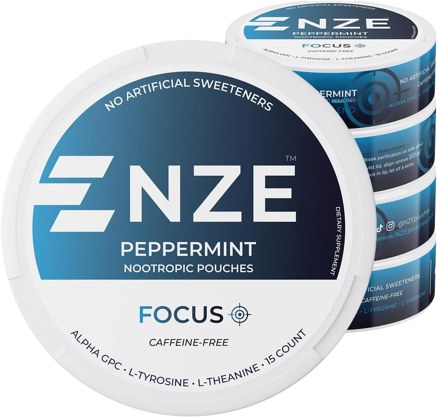 پدهای نایتروژن زیرو اِمیشن بدون کافئین (نعناع) - پدهای نایتروپیک با آلفا جی پی سی، ال-تیروزین و ال-تیانین - بدون شکر یا شیرین کننده های مصنوعی - 15 پد بدون نیکوتین در هر قوطی - بسته 5 عددی