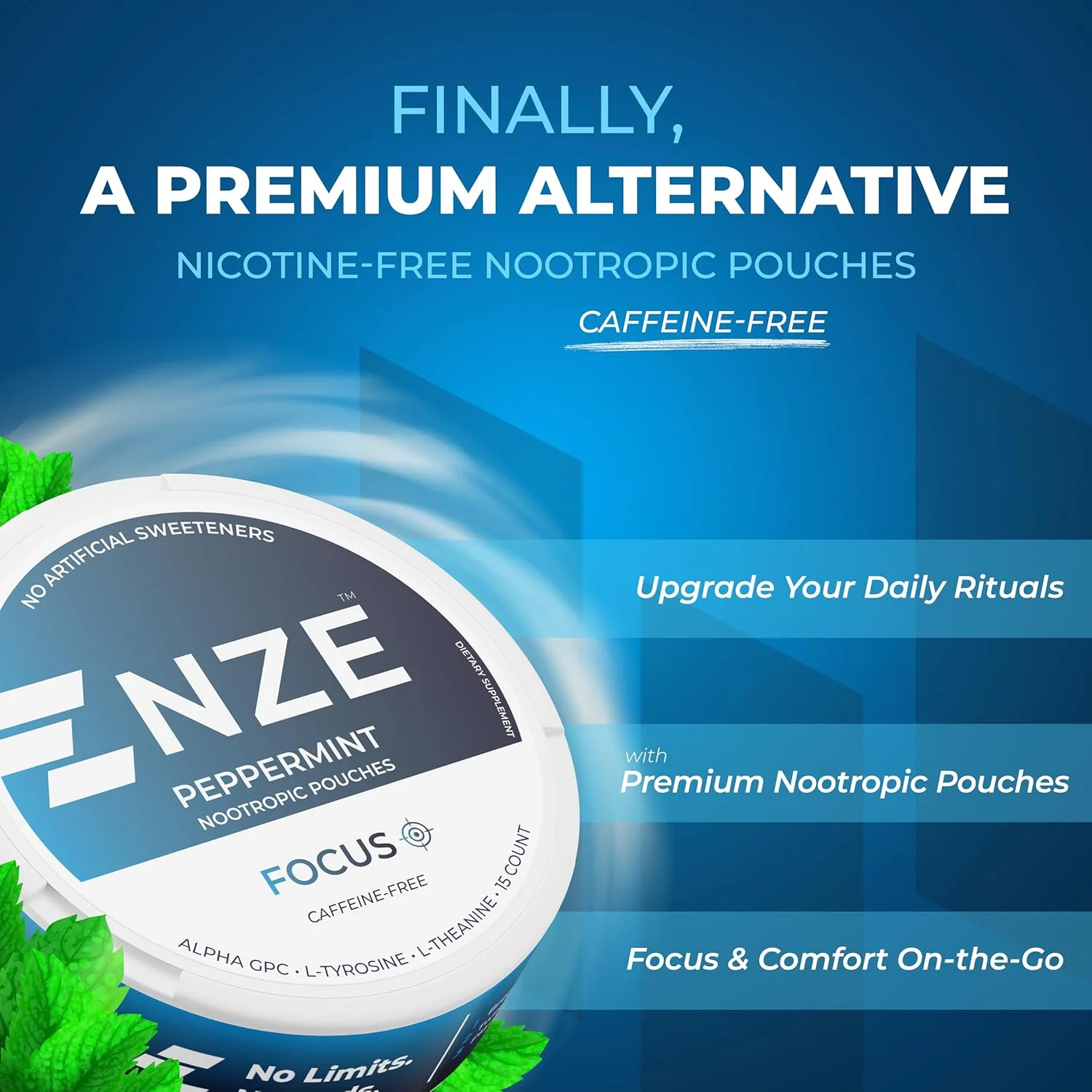 پدهای نایتروژن زیرو اِمیشن بدون کافئین (نعناع) - پدهای نایتروپیک با آلفا جی پی سی، ال-تیروزین و ال-تیانین - بدون شکر یا شیرین کننده های مصنوعی - 15 پد بدون نیکوتین در هر قوطی - بسته 5 عددی