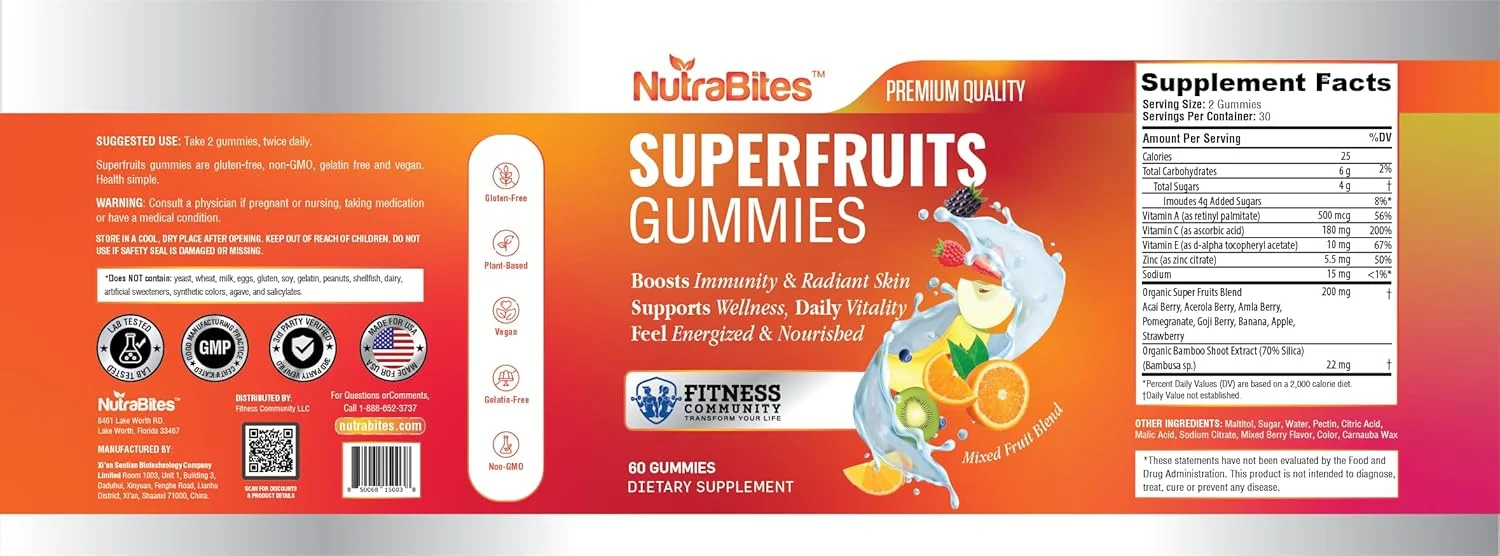 پاستیل میوه های سوپر با آنتی اکسیدان، ویتامین C و زینک - پشتیبانی از سیستم ایمنی و پوست درخشان - انرژی کاملا طبیعی - وگان، غیر GMO و بدون گلوتن - طعم توت خوشمزه - 60 عدد