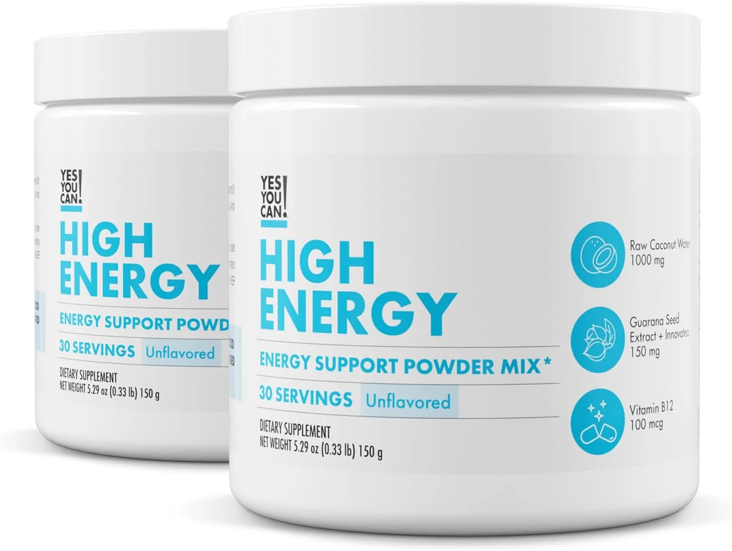 مخلوط پودر نوشیدنی انرژی زا Yes You Can! - نوشیدنی مغذی با نارگیل خام، کافئین طبیعی از چای، عصاره دانه گوارانا، ویتامین B12، آلفا لیپوئیک اسید، 150 گرم، 30 سروینگ - بسته 2 عددی