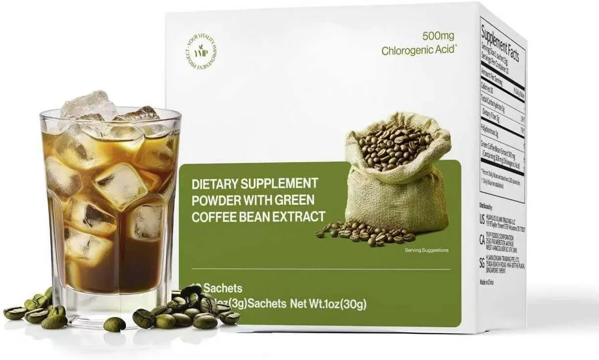 پودر عصاره دانه قهوه سبز YVIP 500 میلی گرم اسید کلروژنیک - سرشار از آنتی اکسیدان، تقویت کننده انرژی طبیعی، بدون گلوتن، ساشه های قهوه فوری با کافئین کم (10 عدد)