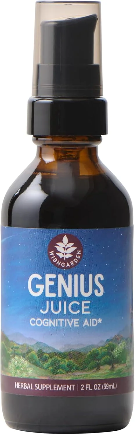 نوشیدنی گیاهی Genius Juice از WishGarden Herbs - مکمل گیاهی نوتراپیک مایع برای تمرکز، وضوح، دقت و انرژی با جینکوبیلوبا و گوتو کولا، پشتیبانی شناختی، بدون کافئین، 2oz