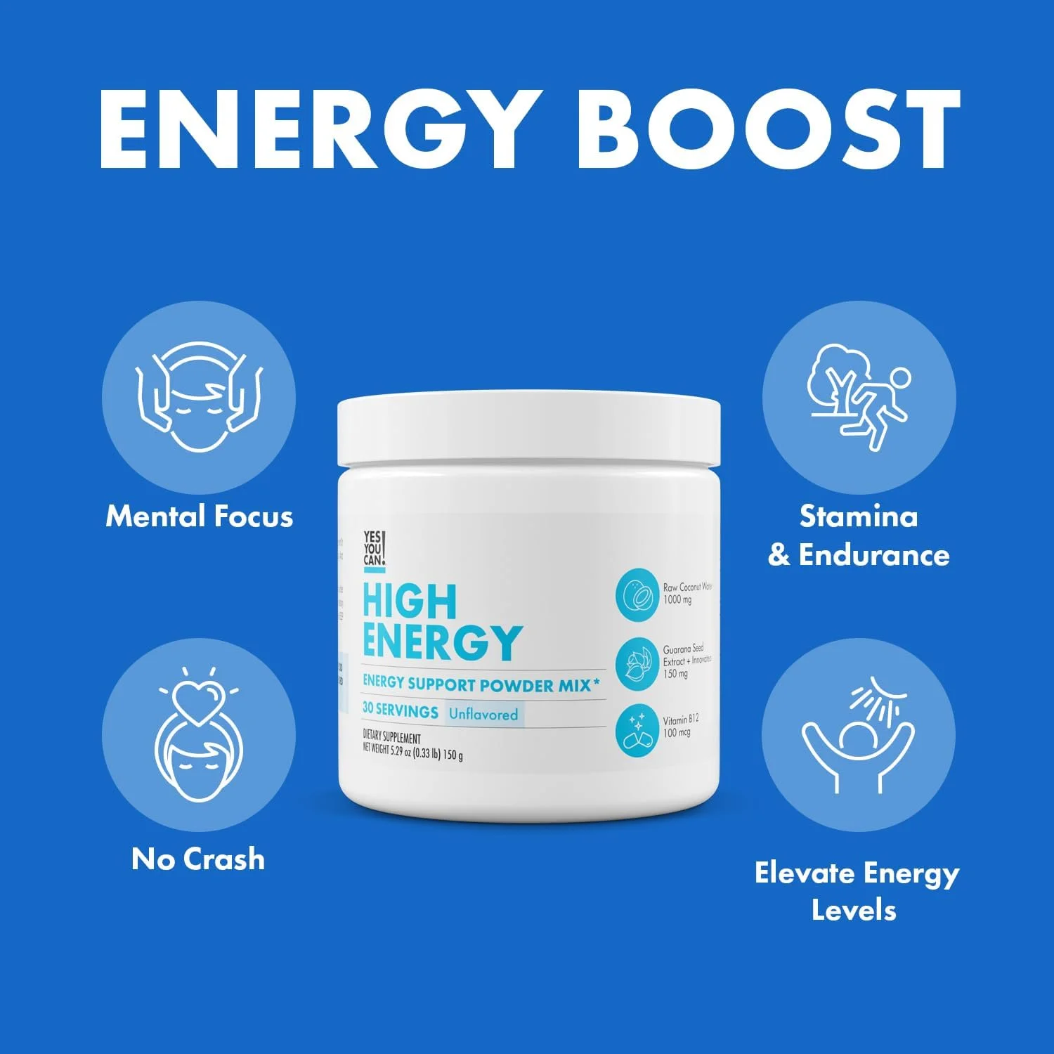 مخلوط پودر نوشیدنی انرژی زا Yes You Can! - نوشیدنی مغذی با نارگیل خام، کافئین طبیعی از چای، عصاره دانه گوارانا، ویتامین B12، آلفا لیپوئیک اسید، 150 گرم، 30 سروینگ - بسته 2 عددی