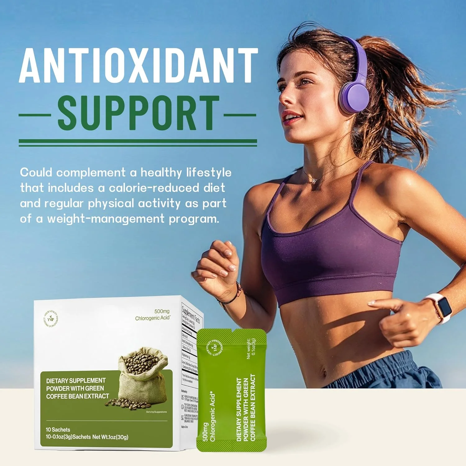 پودر عصاره دانه قهوه سبز YVIP 500 میلی گرم اسید کلروژنیک - سرشار از آنتی اکسیدان، تقویت کننده انرژی طبیعی، بدون گلوتن، ساشه های قهوه فوری با کافئین کم (10 عدد)