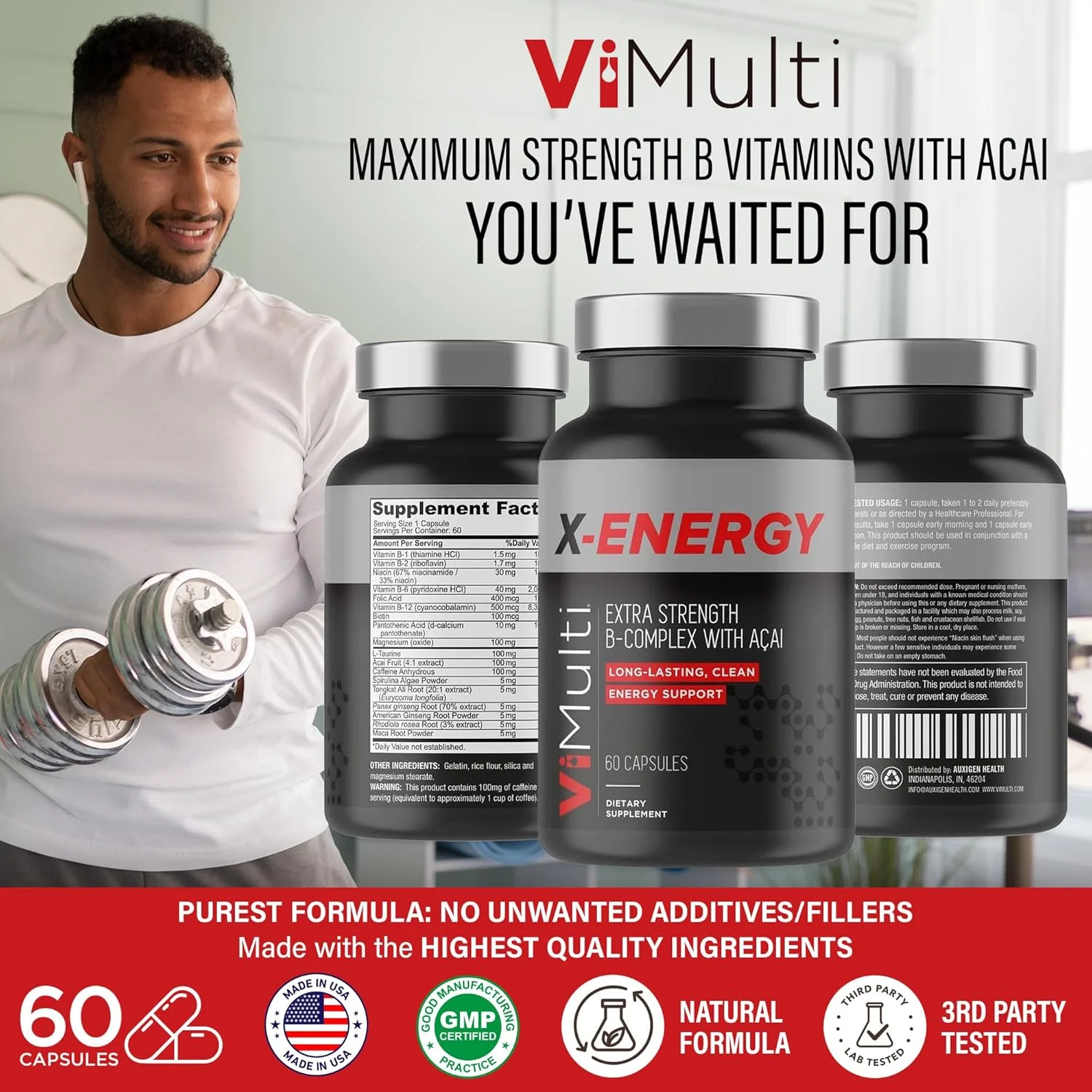 ایکس-انرژی کمپلکس ب با قدرت مضاعف به همراه کافئین و ویتامین ب12 – پشتیبانی از انرژی با ب1، ب2، ب3 نیاسین، ب6، اسید فولیک، بیوتین، ب5، تورین، جینسینگ، رودیولا، ماکا، آکای و اسپیرولینا – 60 کپسول