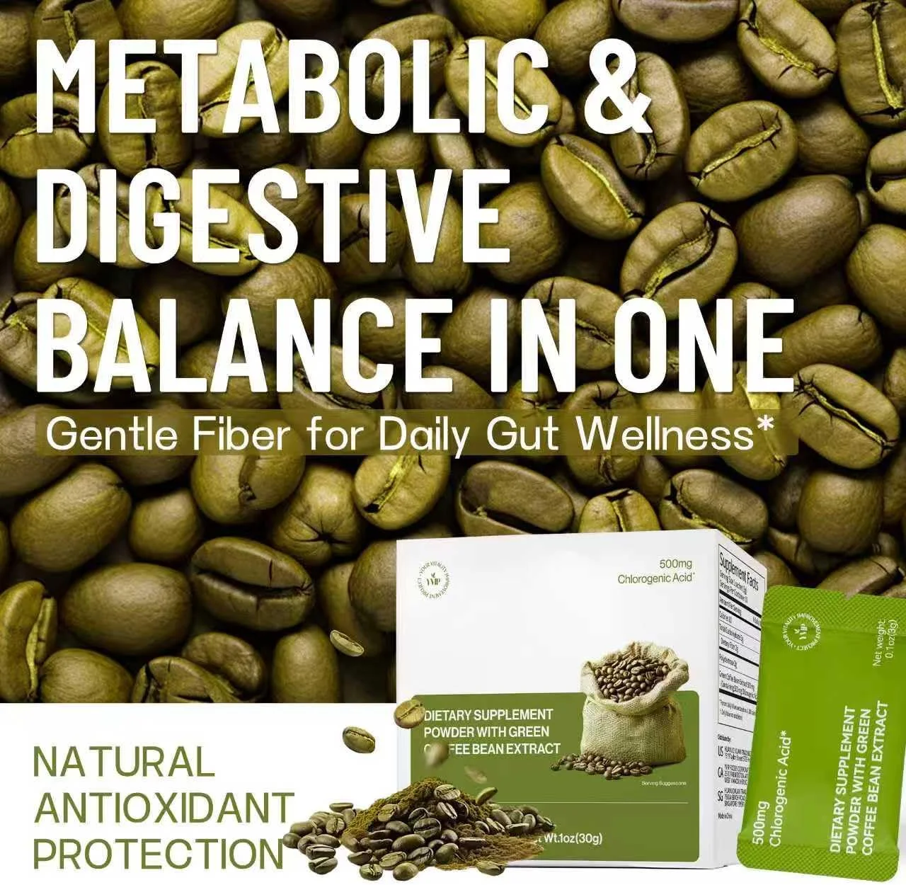 پودر عصاره دانه قهوه سبز YVIP 500 میلی گرم اسید کلروژنیک - سرشار از آنتی اکسیدان، تقویت کننده انرژی طبیعی، بدون گلوتن، ساشه های قهوه فوری با کافئین کم (10 عدد)