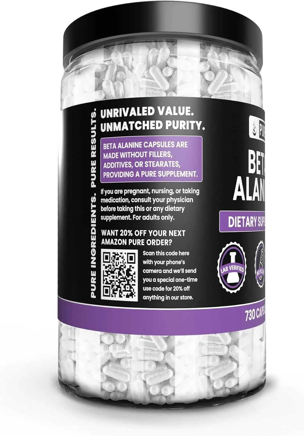 کپسول های بتا آلانین خالص اورجینال، (730 کپسول) همیشه خالص، بدون افزودنی یا پرکننده، تایید شده در آزمایشگاه