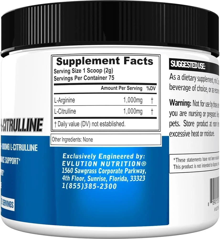 مکمل ال آرژنین + ال سیترولین Evlution Nutrition - مکمل عملکرد ورزشی و استقامت - کمپلکس 2000 میلی گرمی - گشاد کننده عروق + پشتیبانی از اکسید نیتریک - پودر وگان + بدون گلوتن - 75 سروینگ مکمل ال آرژنین + ال سیترولین Evlution Nutrition - مکمل عملکرد ورزشی و استقامت - کمپلکس 2000 میلی گرمی - گشاد کننده عروق + پشتیبانی از اکسید نیتریک - پودر وگان + بدون گلوتن - 75 سروینگ