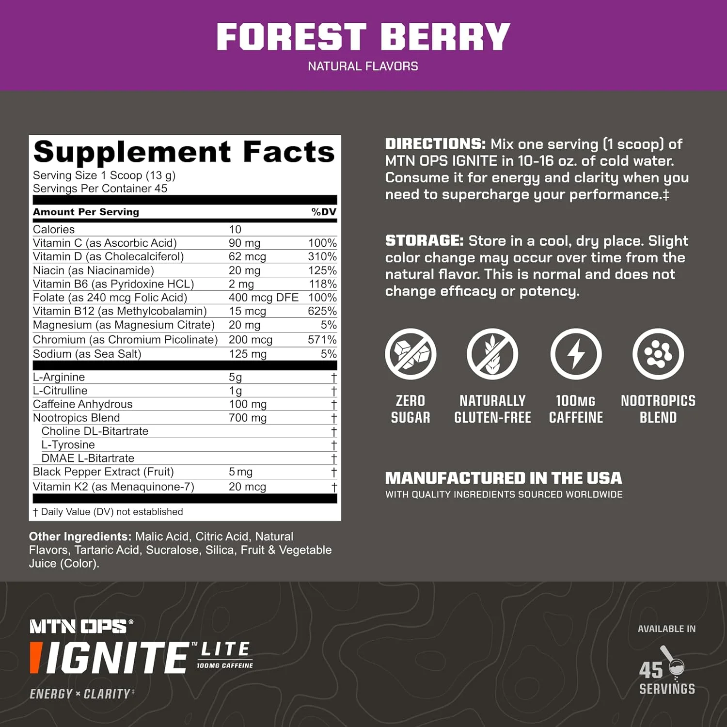 پودر نوشیدنی انرژی زا MTN OPS Ignite Lite بدون گلوتن، مخلوط نوشیدنی مکمل اکسید نیتریک، ال آرژنین، ال سیترولین، کافئین و نوتروپیک بدون شکر، 45 سروینگ، Forest Berry پودر نوشیدنی انرژی زا MTN OPS Ignite Lite بدون گلوتن، مخلوط نوشیدنی مکمل اکسید نیتریک، ال آرژنین، ال سیترولین، کافئین و نوتروپیک بدون شکر، 45 سروینگ، Forest Berry