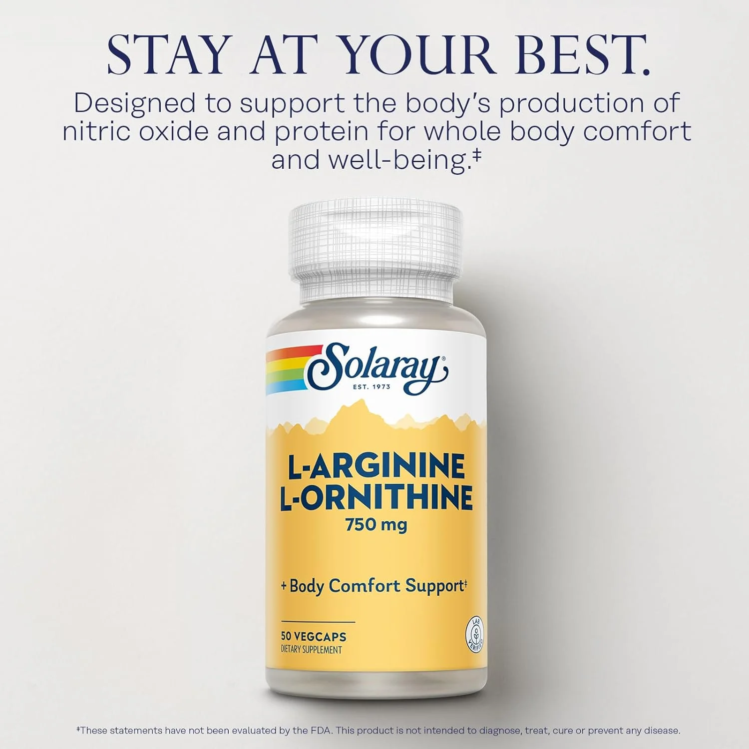 مکمل اسیدهای آمینه سولارای ال آرژنین ال اورنیتین 750 میلی گرم، پیش سازهای اکسید نیتریک، اسیدهای آمینه غیر ضروری، پشتیبانی از آسایش و سلامتی کامل بدن، تایید شده در آزمایشگاه، 50 سروینگ