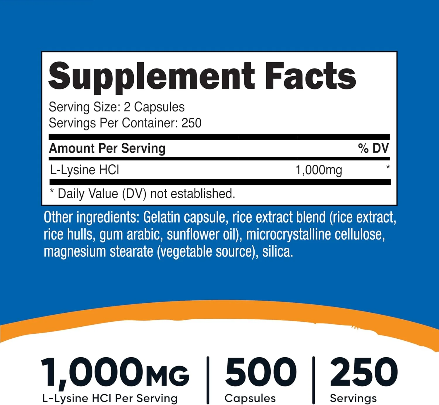 ال-لیزین نوتریکاست ۱۰۰۰ میلیگرم در هر وعده، ۲۵۰ وعده، ۵۰۰ کپسول - بدون گلوتن، غیر تراریخته، ۵۰۰ میلیگرم در هر کپسول ال-لیزین نوتریکاست ۱۰۰۰ میلیگرم در هر وعده، ۲۵۰ وعده، ۵۰۰ کپسول - بدون گلوتن، غیر تراریخته، ۵۰۰ میلیگرم در هر کپسول