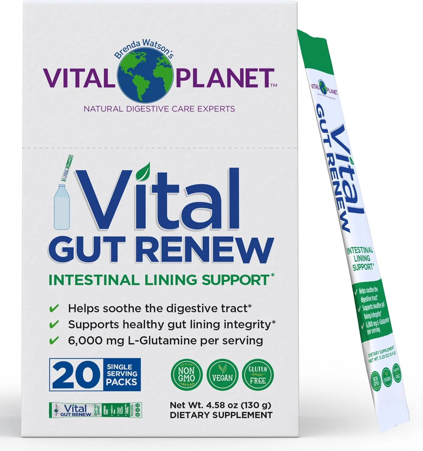 پودر مکمل Vital Planet - Vital Gut Renew برای ترمیم روده با ال-گلوتامین، ریشه ختمی و زنجبیل، ریشه شیرین بیان DGL و آلوئه ورا ارگانیک، ال گلوتامین 6000 میلی گرم، 20 بسته تک نفره