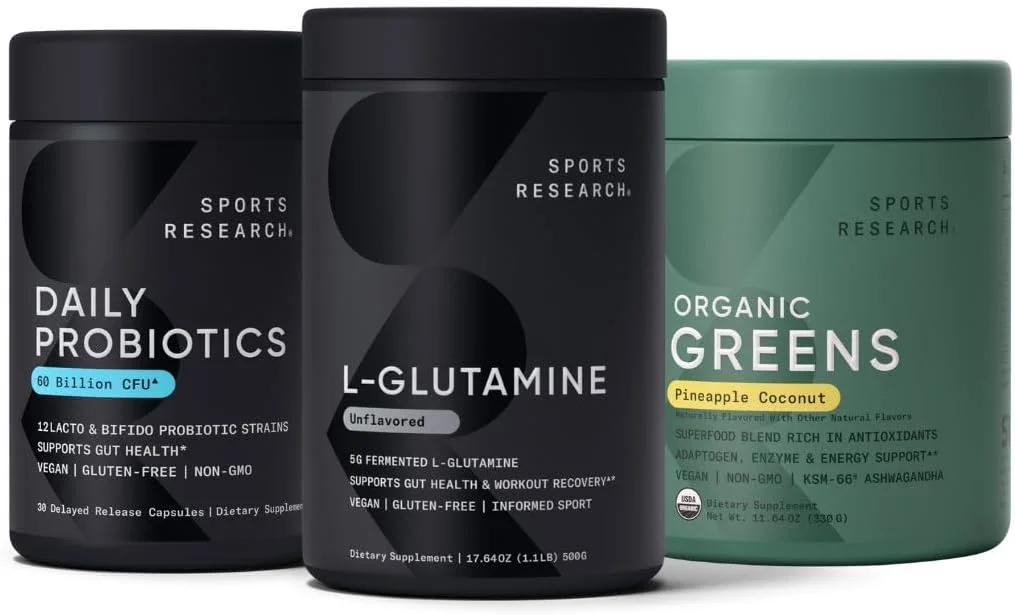 پک مشکلات روده Sports Research® - پروبیوتیک روزانه + ال-گلوتامین + سوپرفود سبزیجات ارگانیک پک مشکلات روده Sports Research® - پروبیوتیک روزانه + ال-گلوتامین + سوپرفود سبزیجات ارگانیک