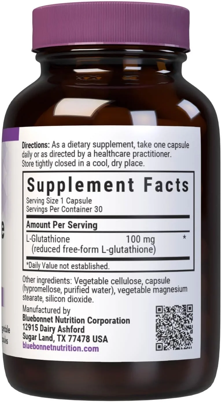 ال-گلوتاتیون 100 میلی گرمی بلوبونت نوتریشن، اسید آمینه فرم آزاد، برای محافظت در برابر رادیکال های آزاد، بدون سویا، بدون گلوتن، غیر GMO، دارای گواهی کوشر، وگان، 30 کپسول گیاهی، 30 سروینگ