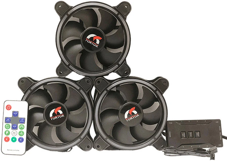 فن های کیس Tortox Spark 120mm، پشتیبانی از Aura، بسته ترکیبی با ریموت، سرعت 1300 دور در دقیقه، نویز 23.5 dbA، بلبرینگ هیدرولیک، جریان هوای 38CFM، بسته 3 عددی | RF120-3X