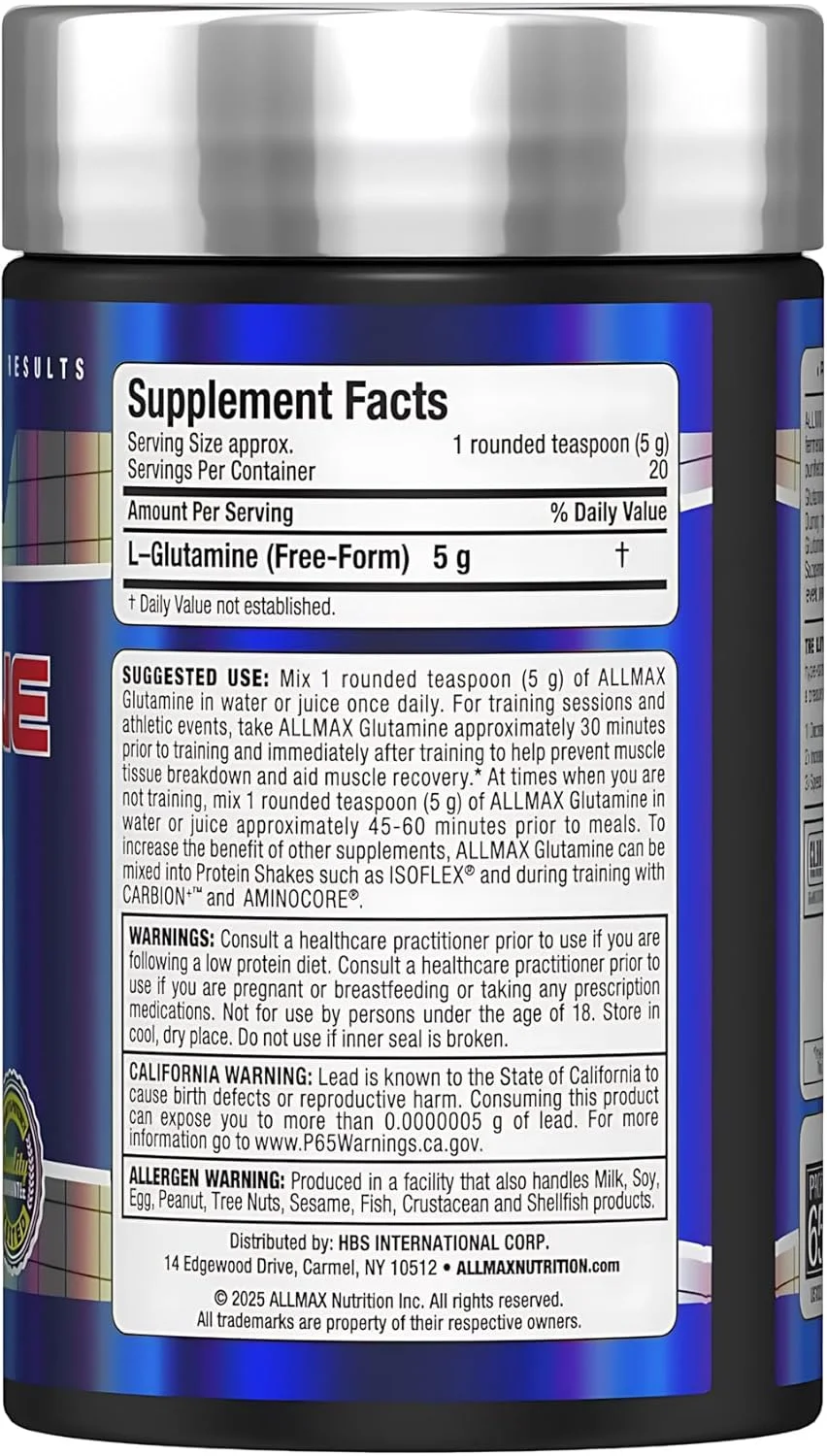 گلوتامین AllMax Nutrition - پودر - گلوتامین حاصل از تخمیر - افزایش ریکاوری و پشتیبانی از سیستم ایمنی - بدون گلوتن و وگان (100 گرم) گلوتامین AllMax Nutrition - پودر - گلوتامین حاصل از تخمیر - افزایش ریکاوری و پشتیبانی از سیستم ایمنی - بدون گلوتن و وگان (100 گرم)