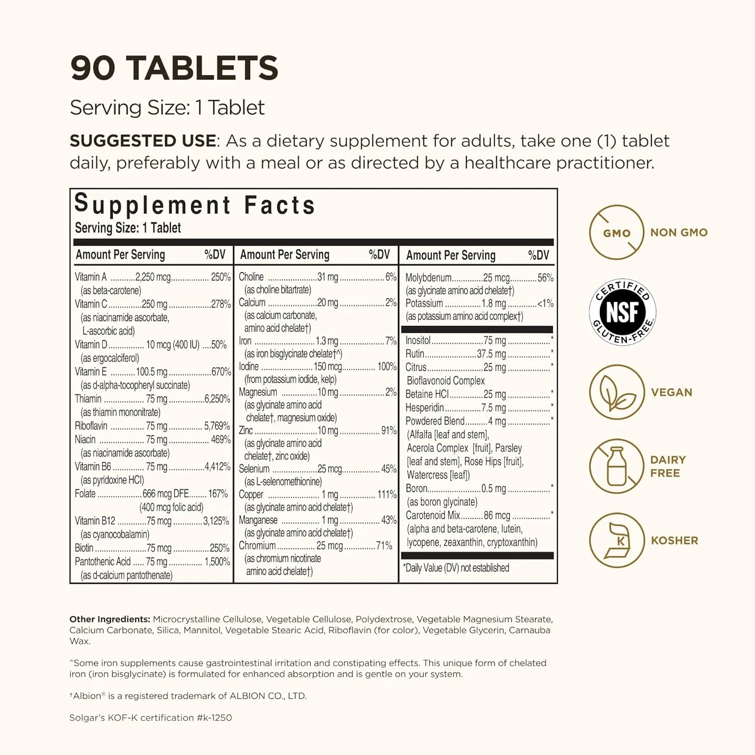 سولگار فرمول VM-75، 90 قرص - مولتی ویتامین با مواد معدنی کلاته - ویتامین A، B6، B12، C، D، E - بیوتین، منیزیم، کلسیم، آهن، روی - وگان، بدون گلوتن، بدون لبنیات، کوشر - 90 سروینگ سولگار فرمول VM-75، 90 قرص - مولتی ویتامین با مواد معدنی کلاته - ویتامین A، B6، B12، C، D، E - بیوتین، منیزیم، کلسیم، آهن، روی - وگان، بدون گلوتن، بدون لبنیات، کوشر - 90 سروینگ