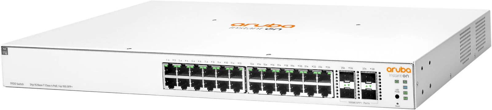 سوئیچ شبکه مدیریتی 24 پورت PoE+ آرووبا Instant On 1930 با SFP+، ظرفیت سوئیچینگ 128 گیگابیت بر ثانیه، توان خروجی 195 وات، نرخ ارسال 95.23 مگاپیکسل در ثانیه، پردازنده 800 مگاهرتز ARM Cortex-A9، سفید | JL683B