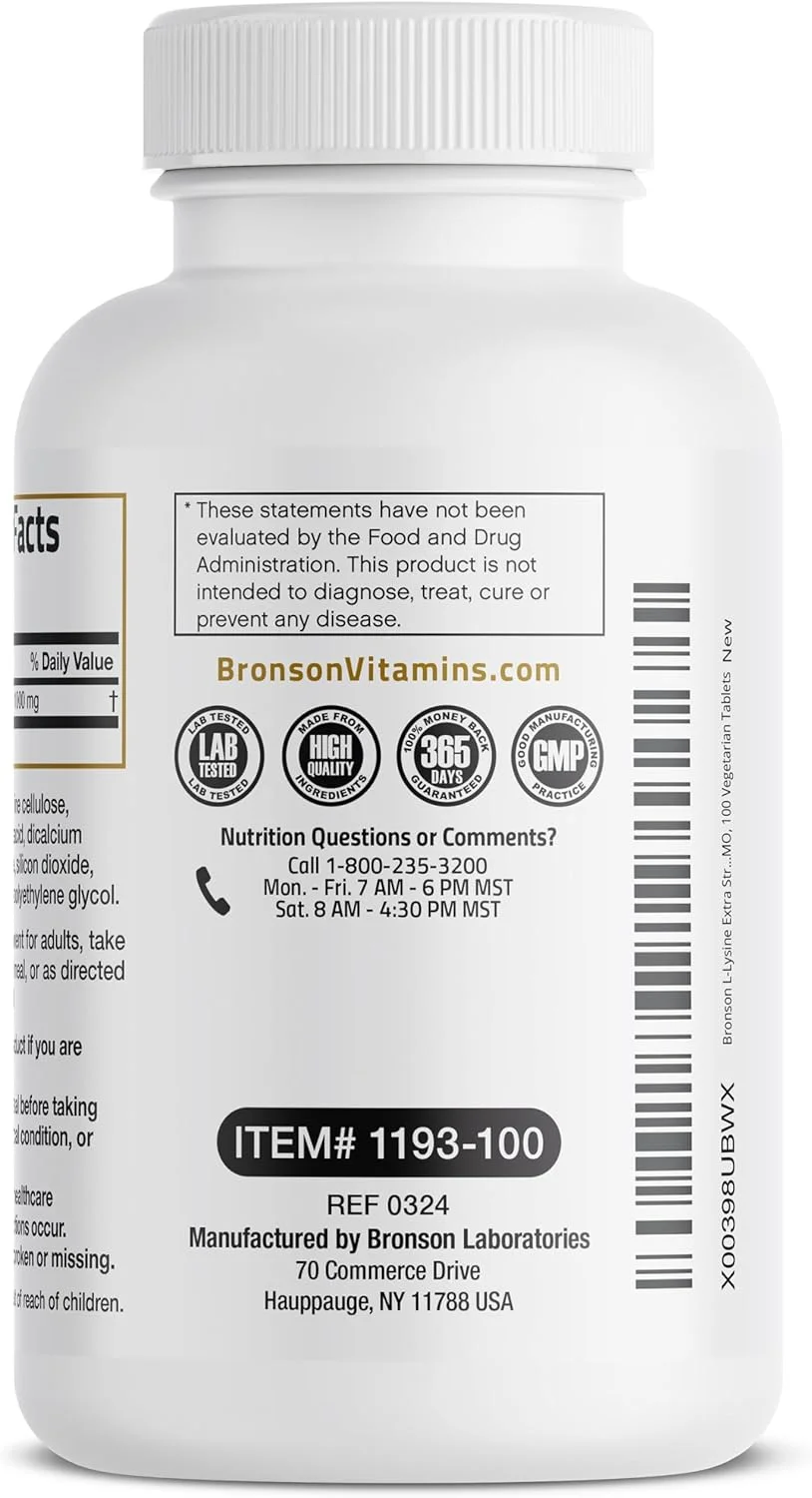 برونسون ال-لیزین با قدرت مضاعف 1000 میلی گرم در هر قرص، قدرت بالا، پشتیبانی از سیستم ایمنی و حمایت از سنتز کلاژن، غیر تراریخته، 100 قرص گیاهی برونسون ال-لیزین با قدرت مضاعف 1000 میلی گرم در هر قرص، قدرت بالا، پشتیبانی از سیستم ایمنی و حمایت از سنتز کلاژن، غیر تراریخته، 100 قرص گیاهی