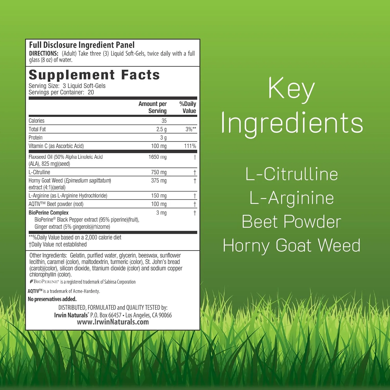 ایروین نچرالز ال-سیترولین + ال-آرژنین - 60 سافت ژل مایع - پشتیبانی از اکسید نیتریک و گردش خون ایروین نچرالز ال-سیترولین + ال-آرژنین - 60 سافت ژل مایع - پشتیبانی از اکسید نیتریک و گردش خون