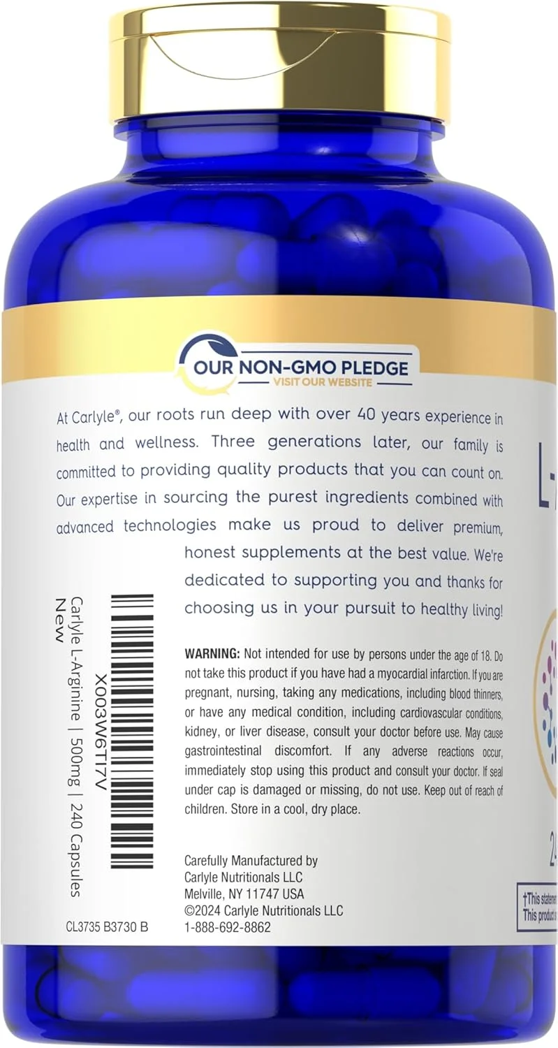 کپسول ال آرژنین 500 میلی گرم کارلایل | 240 عدد | پیش ساز نیتریک اکسید | آمینو اسید فرم آزاد | مکمل غیر GMO و بدون گلوتن کپسول ال آرژنین 500 میلی گرم کارلایل | 240 عدد | پیش ساز نیتریک اکسید | آمینو اسید فرم آزاد | مکمل غیر GMO و بدون گلوتن