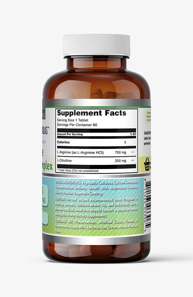 مکمل ال-آرژنین/ال-سیترولین کمپلکس Amazing Formulas، ۱۰۰۰ میلی گرم، ۶۰ قرص | غیر تراریخته | بدون گلوتن | ساخت آمریکا مکمل ال-آرژنین/ال-سیترولین کمپلکس Amazing Formulas، ۱۰۰۰ میلی گرم، ۶۰ قرص | غیر تراریخته | بدون گلوتن | ساخت آمریکا